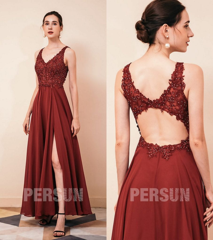 Robe de soirée longue fendue décolleté V drapé à bustier scintillant