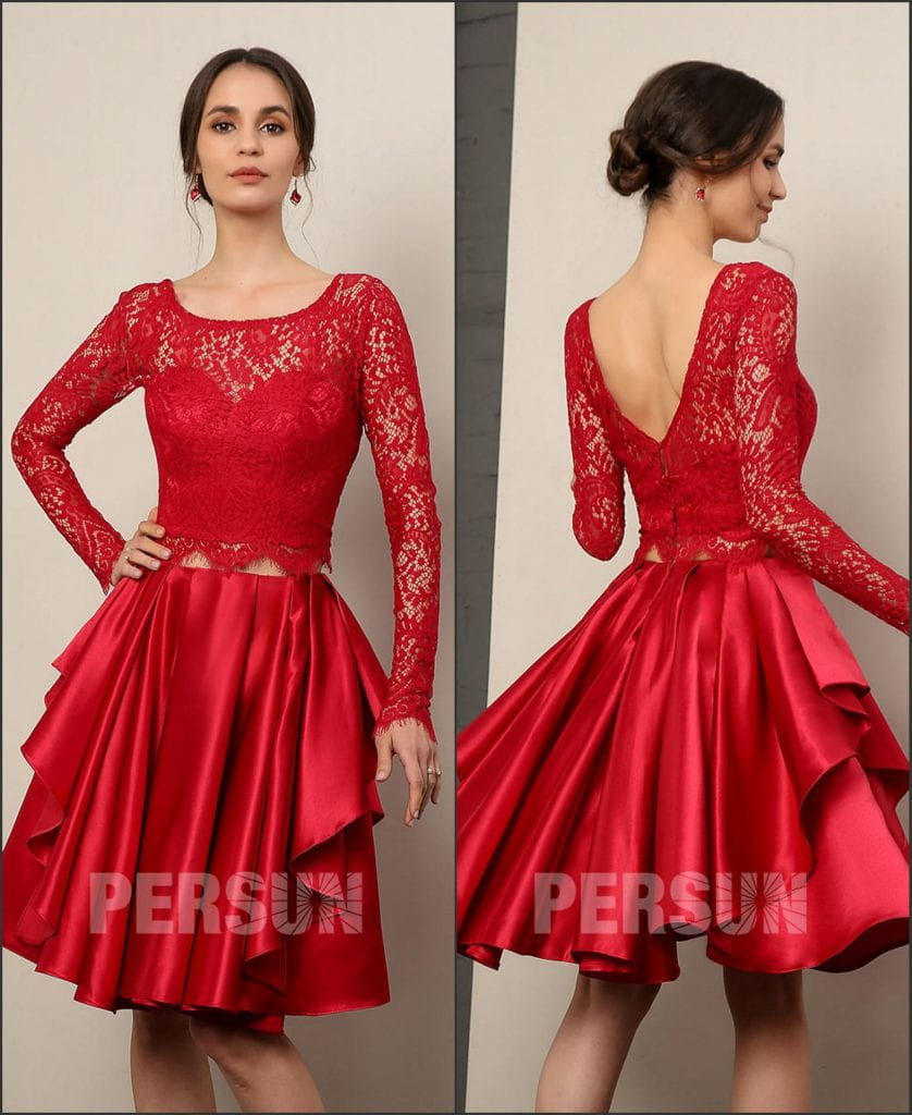 Robe de soirée rouge chic deux pièces haut dentelle à manches longues