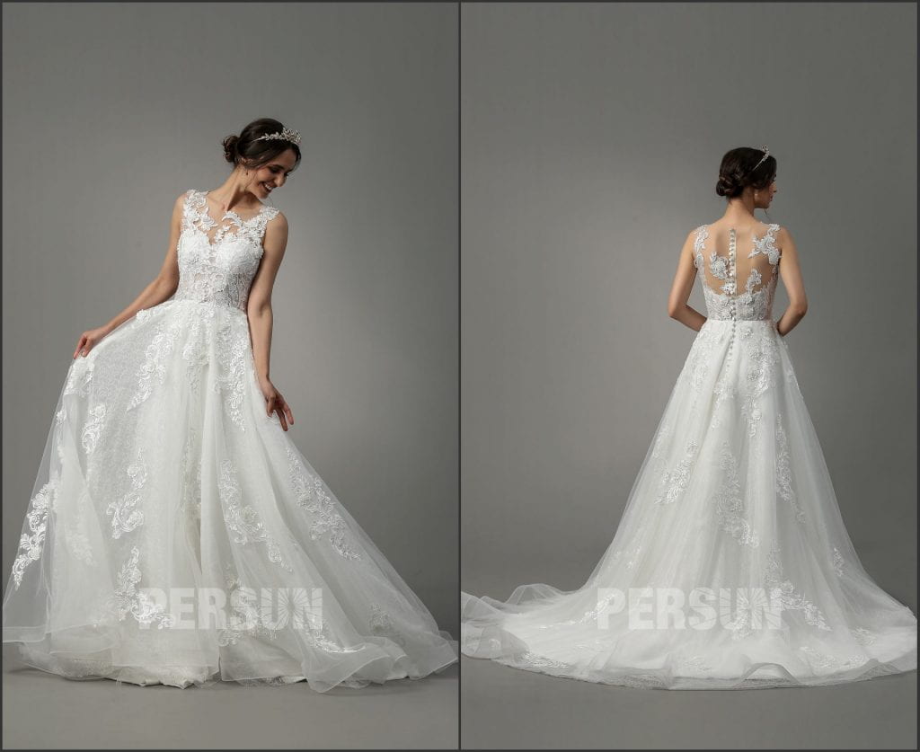 Robe de mariée longue au sol princesse jupe en tulle haut en dentelle florale dos illusion