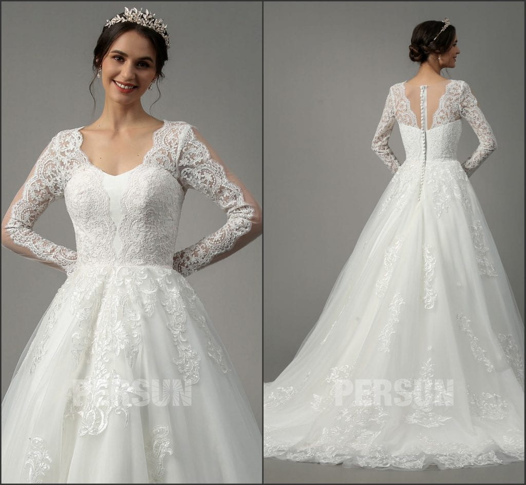 Robe de mariée longue au sol princesse jupe en tulle haut en dentelle avec manches longues dos transparent