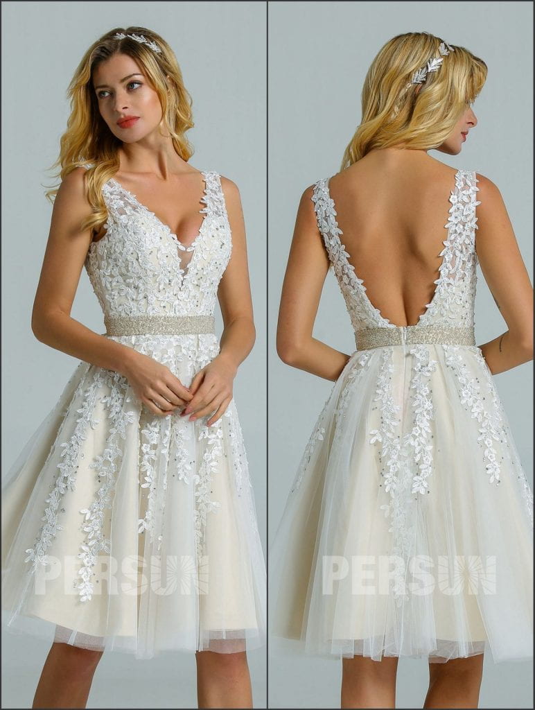 Robe de mariée courte dentelle vintage 2022 col en V dos échancré