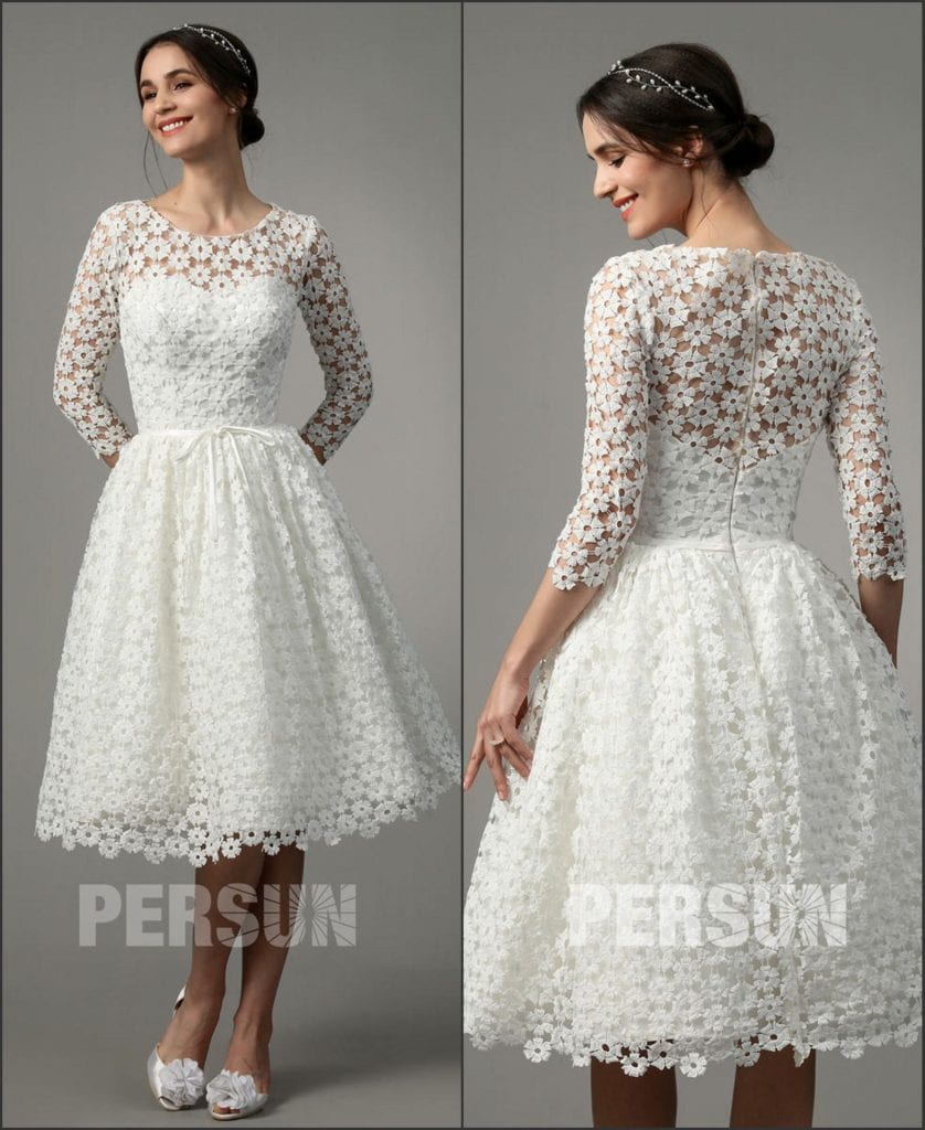 Robe pour mariage en dentelle marguerite avec manches trois quart ligne A